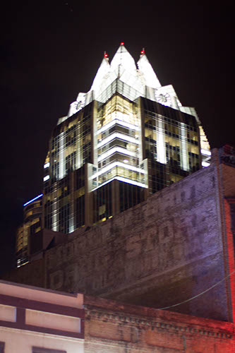 Frost bank building at night